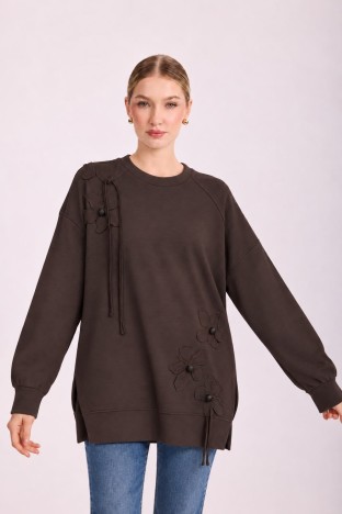 Missemramiss 5465 İşlemeli Sweatshirt - KAHVE