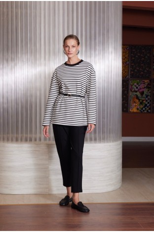 Missemramiss 5540  Kemerli Basıc Sweatshırt pantolonlu Takım - SİYAH ÇİZGİLİ