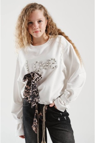 Kız Çocuk 8913  Apoletli Taşlı  Sweat - EKRU